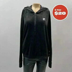 Fila Black Velour Velvet 1/4 Zip Hoodie Sweatshirt Pullover Women's Size M Y2K